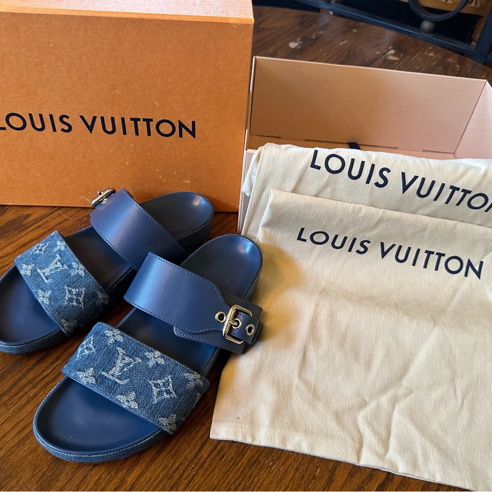 Louis Vuitton Navy and Denim Slide Sandals. Authentic. Original Dust Bags, Box. - Picture 2 of 8